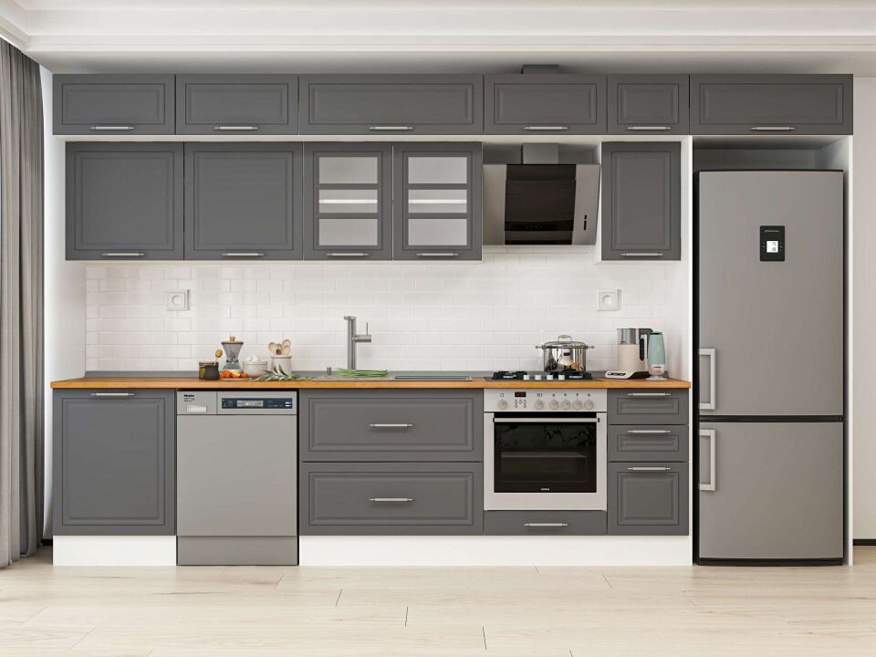 Alvinka 390X240 Cm Klasik Mebran Mutfak Dolabı Mb-E90S60S40-3 Mebran | Antrasit - Mdf