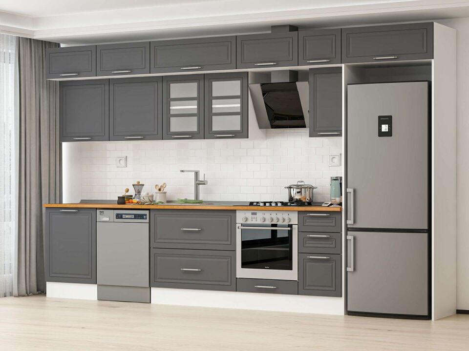 Alvinka 390X240 Cm Klasik Mebran Mutfak Dolabı Mb-E90S60S40-3 Mebran | Antrasit - Mdf