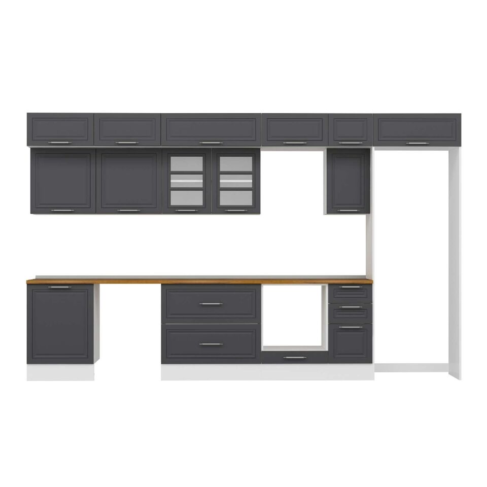 Alvinka 390X240 Cm Klasik Mebran Mutfak Dolabı Mb-E90S60S40-3 Mebran | Antrasit - Mdf