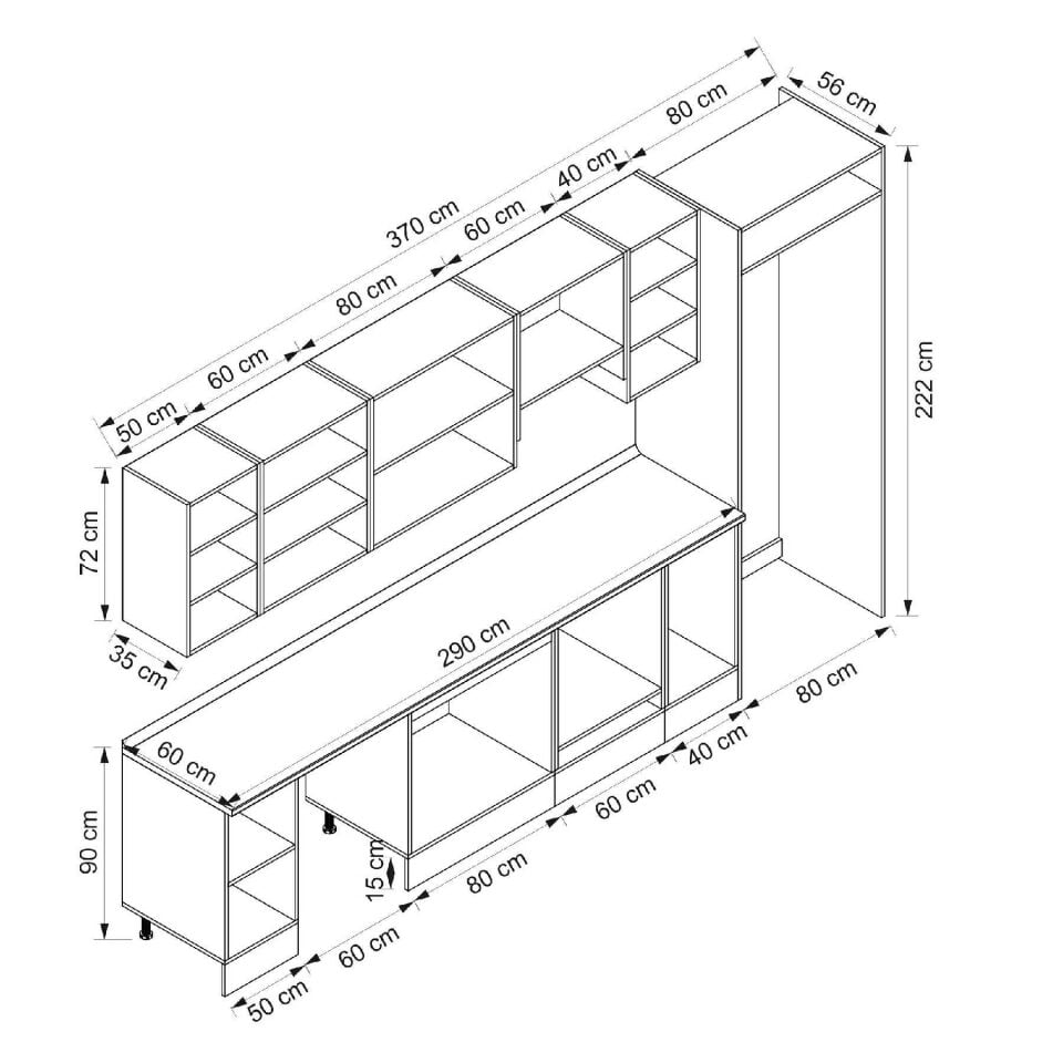 Alvinka 370X222 Cm Klasik Mebran Mutfak Dolabı Beyaz Beyaz Mb-E80S50S40-1