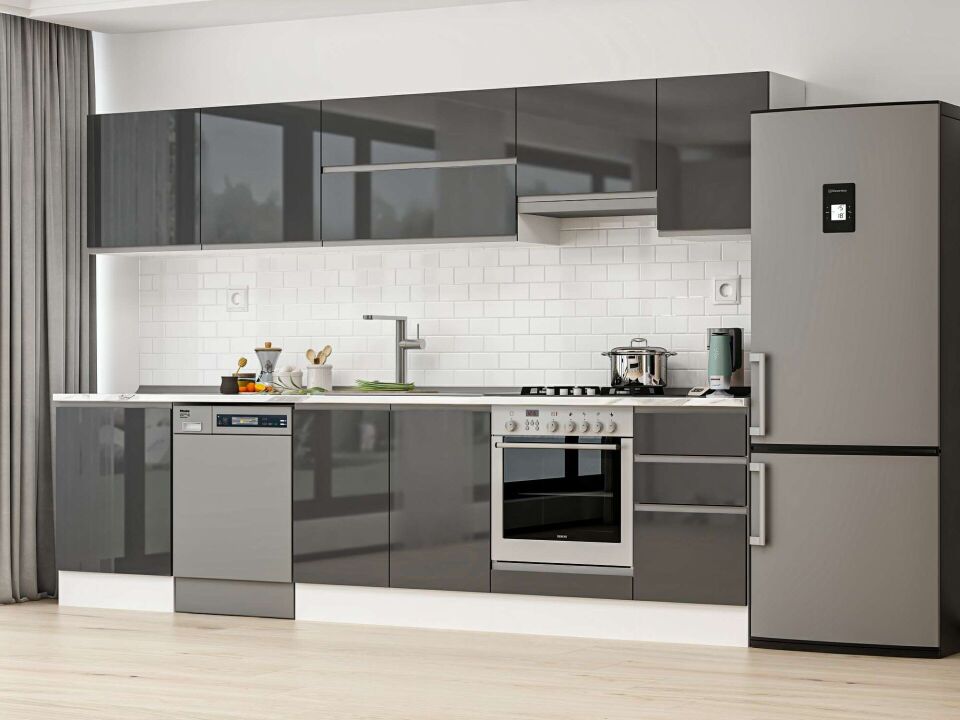 Alvinka 305X210 Cm High Gloss Mutfak Dolabı M-E80S60S45-1 High Gloss | Antrasit - Mdf