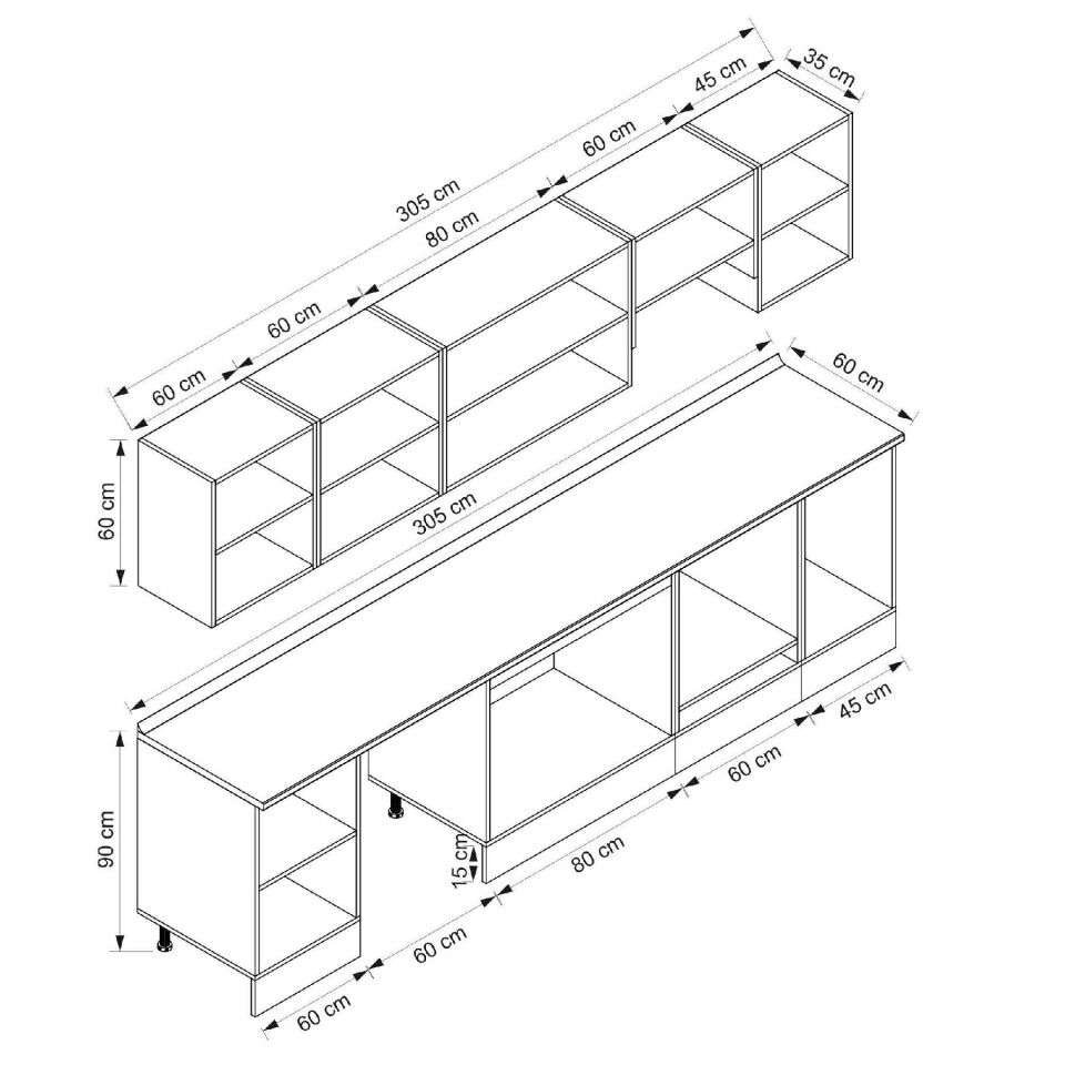 Alvinka 305X210 Cm High Gloss Mutfak Dolabı M-E80S60S45-1 High Gloss | Antrasit - Mdf