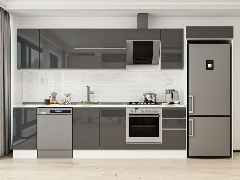 Alvinka 370X222 Cm High Gloss Mutfak Dolabı Mb-E90S40S40-2 High Gloss | Antrasit - Mdf