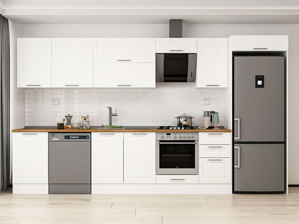 Alvinka 375X222 Cm Klasik Mebran Mutfak Dolabı Beyaz Beyaz Mb-E80S50S45-2