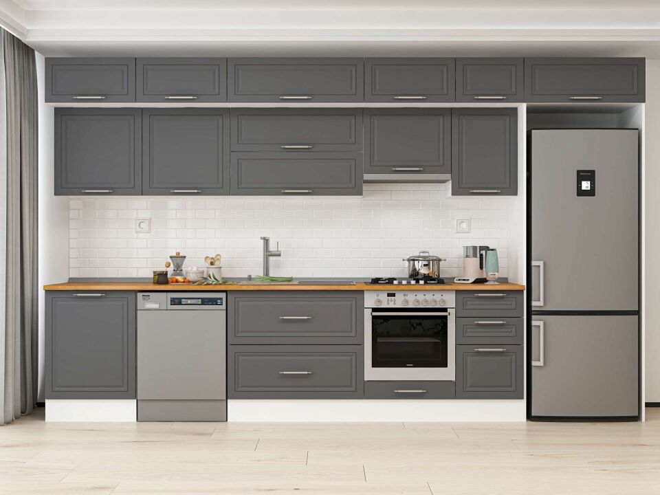 Alvinka 395X240 Cm Klasik Mebran Mutfak Dolabı Mb-E90S60S45-1 Mebran | Antrasit - Mdf