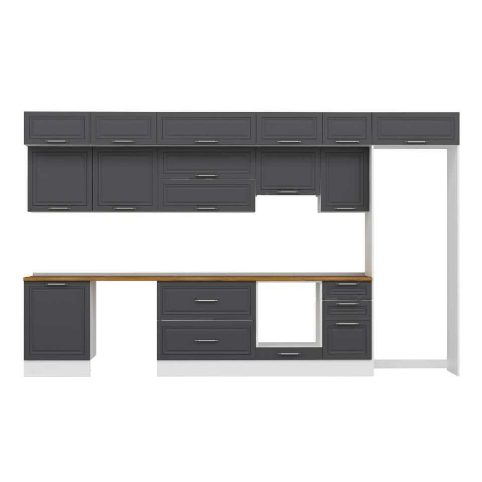 Alvinka 395X240 Cm Klasik Mebran Mutfak Dolabı Mb-E90S60S45-1 Mebran | Antrasit - Mdf