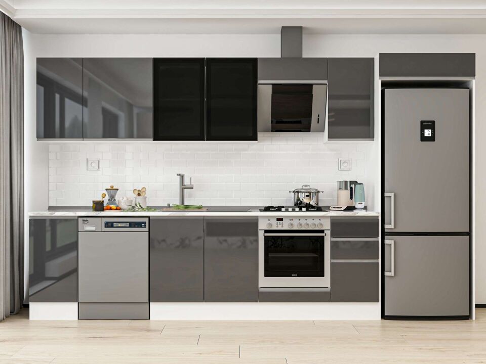 Alvinka 370X222 Cm High Gloss Mutfak Dolabı Mb-E90S40S40-3 High Gloss | Antrasit - Mdf