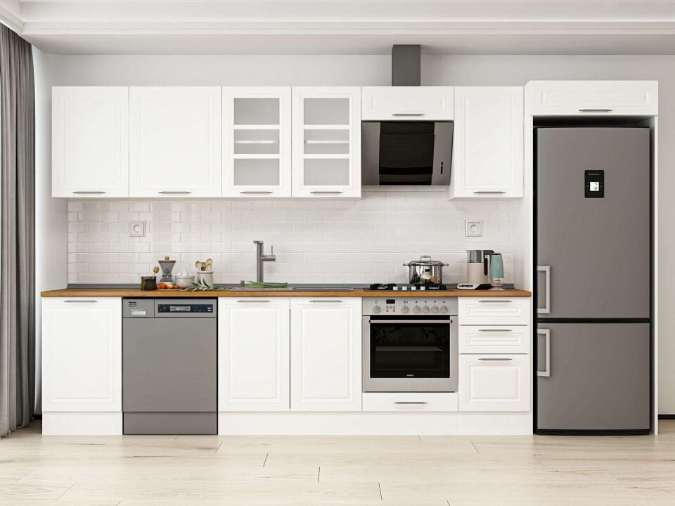 Alvinka 375X222 Cm Klasik Mebran Mutfak Dolabı Beyaz Beyaz Mb-E80S50S45-3