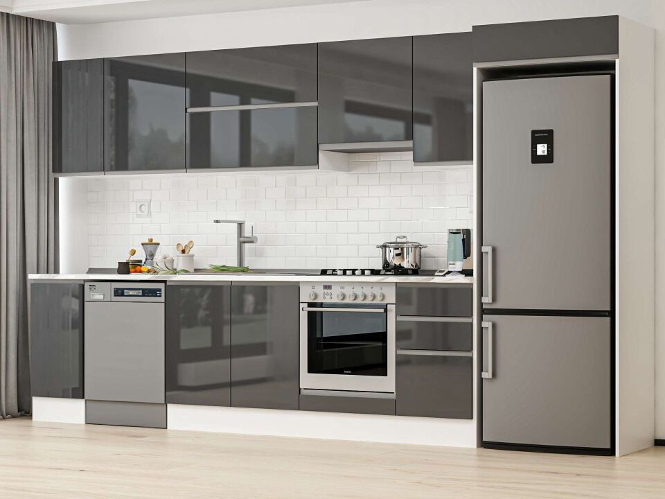 Alvinka 375X222 Cm High Gloss Mutfak Dolabı Mb-E90S40S45-1 High Gloss | Antrasit - Suntalam