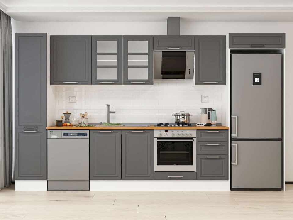 Alvinka 380X222 Cm Klasik Mebran Mutfak Dolabı Mbb-E90B45S45-3 Mebran | Antrasit - Mdf