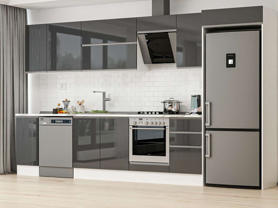 Alvinka 375X222 Cm High Gloss Mutfak Dolabı Mb-E90S40S45-2 High Gloss | Antrasit - Suntalam