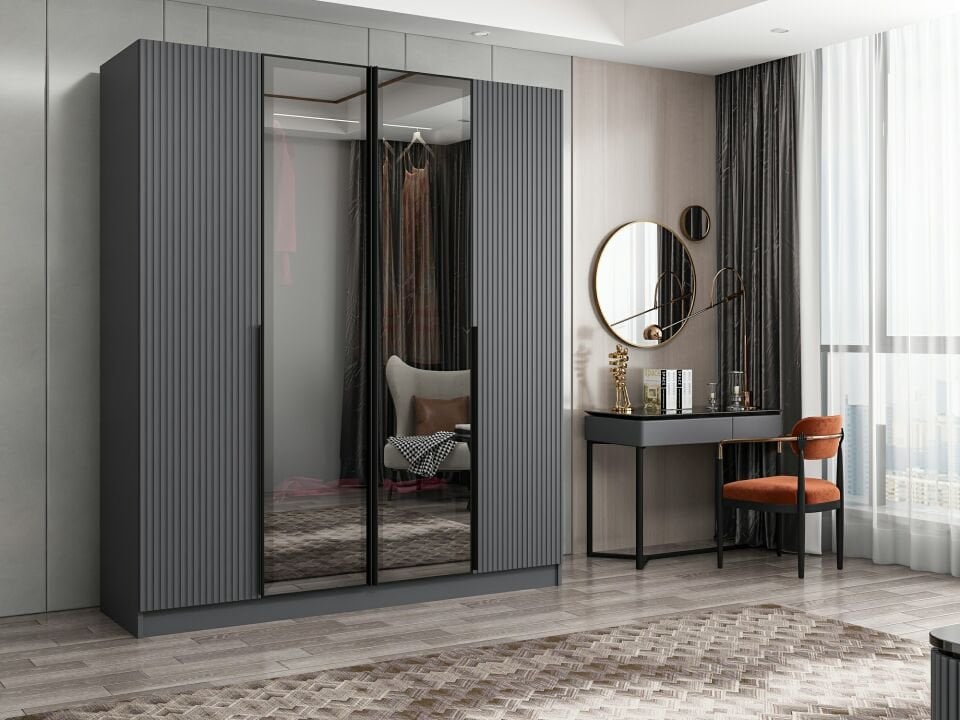 Nisa Plus 4 Kapaklı 2 Çekmece Dolap Antrasit Mebran Reflekte Cam