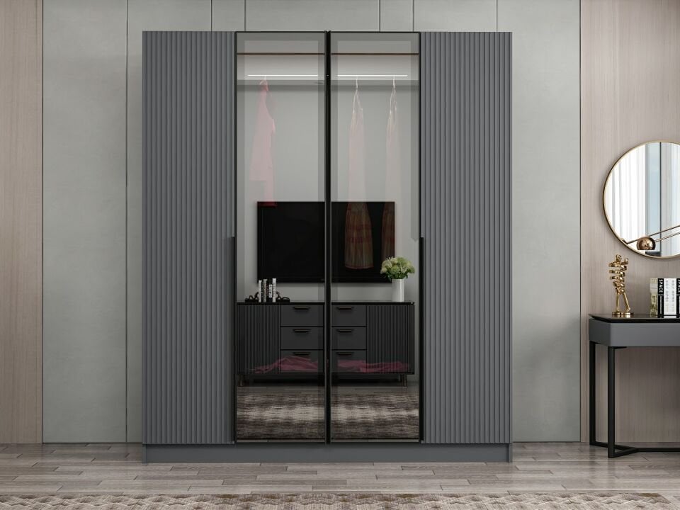 Nisa Plus 4 Kapaklı 2 Çekmece Dolap Antrasit Mebran Reflekte Cam