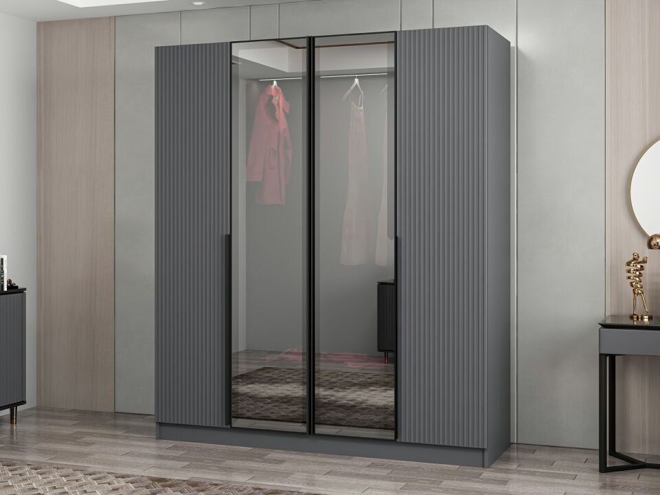 Nisa Plus 4 Kapaklı 2 Çekmece Dolap Antrasit Mebran Reflekte Cam