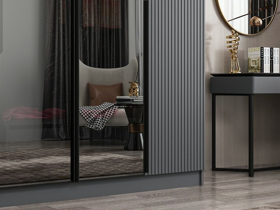 Nisa Plus 4 Kapaklı 2 Çekmece Dolap Antrasit Mebran Reflekte Cam