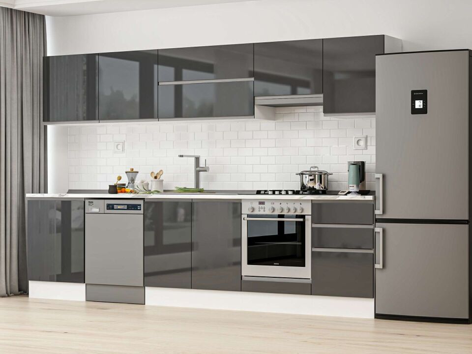 Alvinka 310X210 Cm High Gloss Mutfak Dolabı M-E80S60S50-1 High Gloss | Antrasit - Mdf