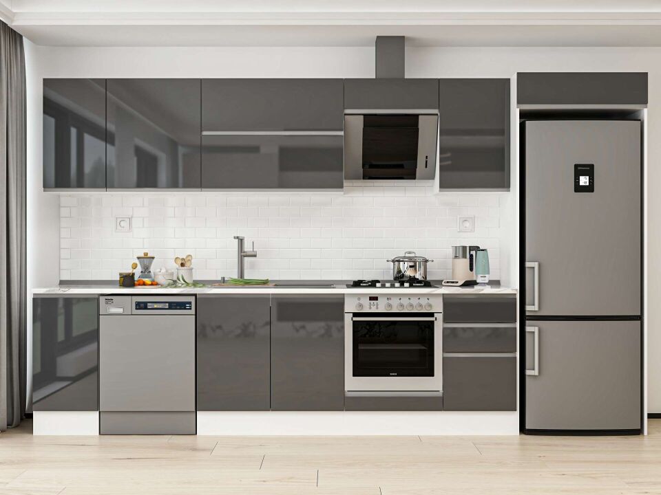 Alvinka 375X222 Cm High Gloss Mutfak Dolabı Mb-E90S40S45-2 High Gloss | Antrasit - Mdf