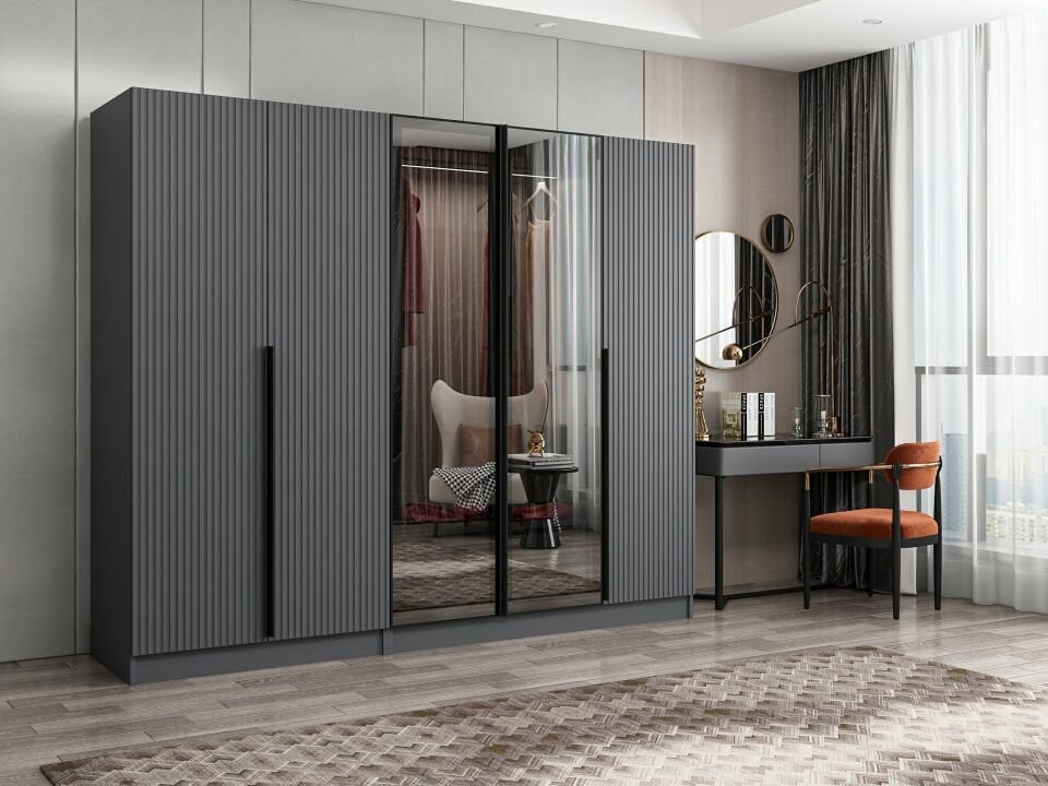 Nisa Plus 5 Kapaklı 2 Çekmece Dolap Antrasit Mebran Reflekte Cam