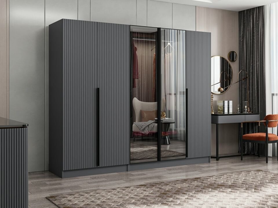 Nisa Plus 5 Kapaklı 2 Çekmece Dolap Antrasit Mebran Reflekte Cam