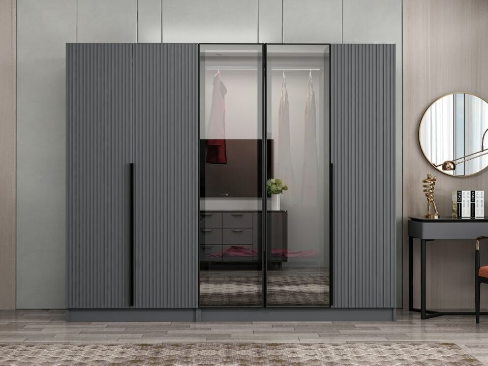 Nisa Plus 5 Kapaklı 2 Çekmece Dolap Antrasit Mebran Reflekte Cam