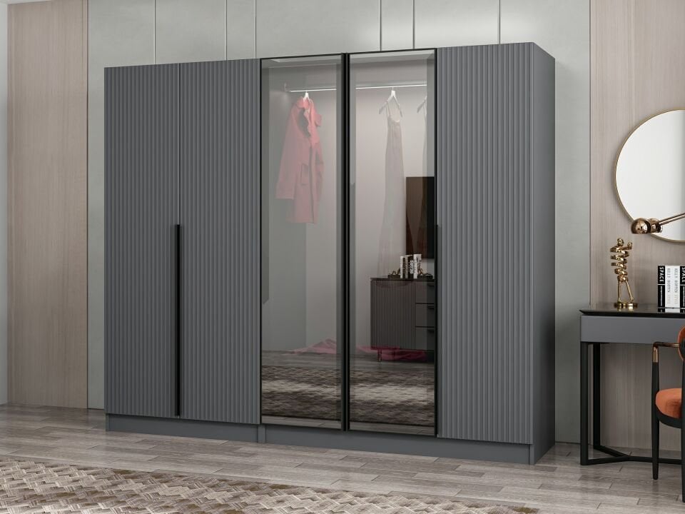 Nisa Plus 5 Kapaklı 2 Çekmece Dolap Antrasit Mebran Reflekte Cam