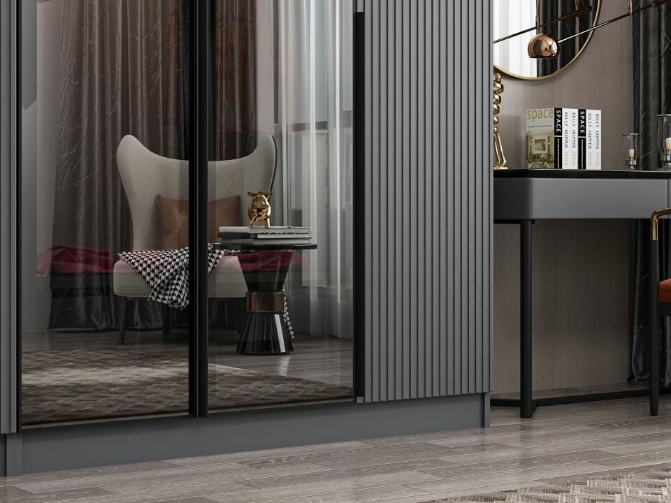 Nisa Plus 5 Kapaklı 2 Çekmece Dolap Antrasit Mebran Reflekte Cam