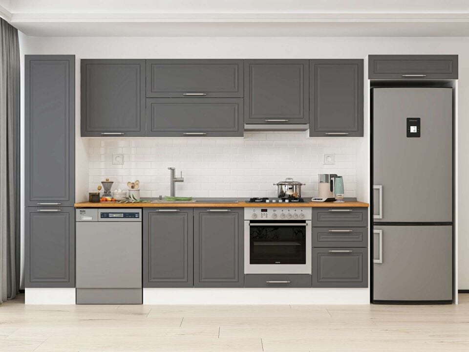 Alvinka 385X222 Cm Klasik Mebran Mutfak Dolabı Mbb-E90B45S50-1 Mebran | Antrasit - Mdf