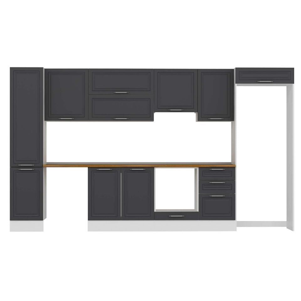 Alvinka 385X222 Cm Klasik Mebran Mutfak Dolabı Mbb-E90B45S50-1 Mebran | Antrasit - Mdf
