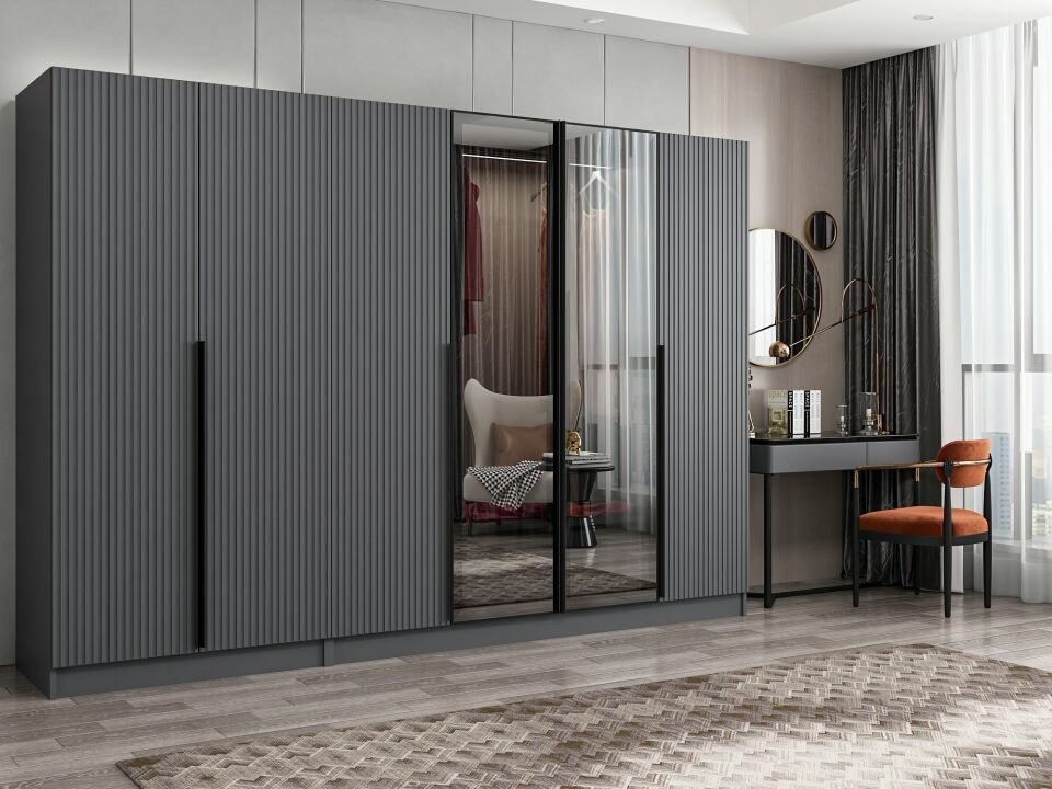 Nisa Plus 6 Kapaklı 2 Çekmece Dolap Antrasit Mebran Reflekte Cam