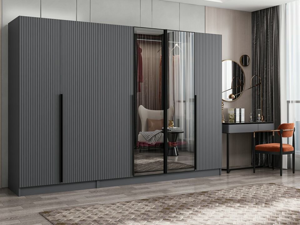 Nisa Plus 6 Kapaklı 2 Çekmece Dolap Antrasit Mebran Reflekte Cam