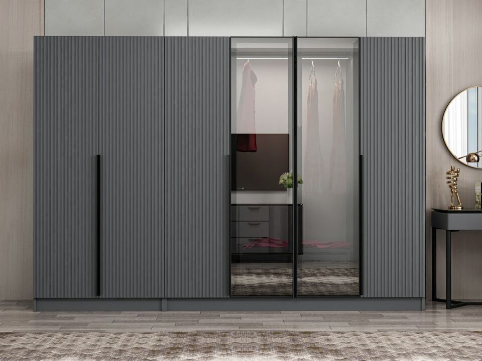 Nisa Plus 6 Kapaklı 2 Çekmece Dolap Antrasit Mebran Reflekte Cam