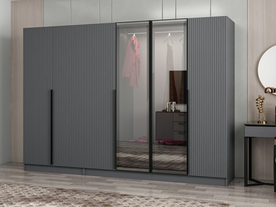 Nisa Plus 6 Kapaklı 2 Çekmece Dolap Antrasit Mebran Reflekte Cam