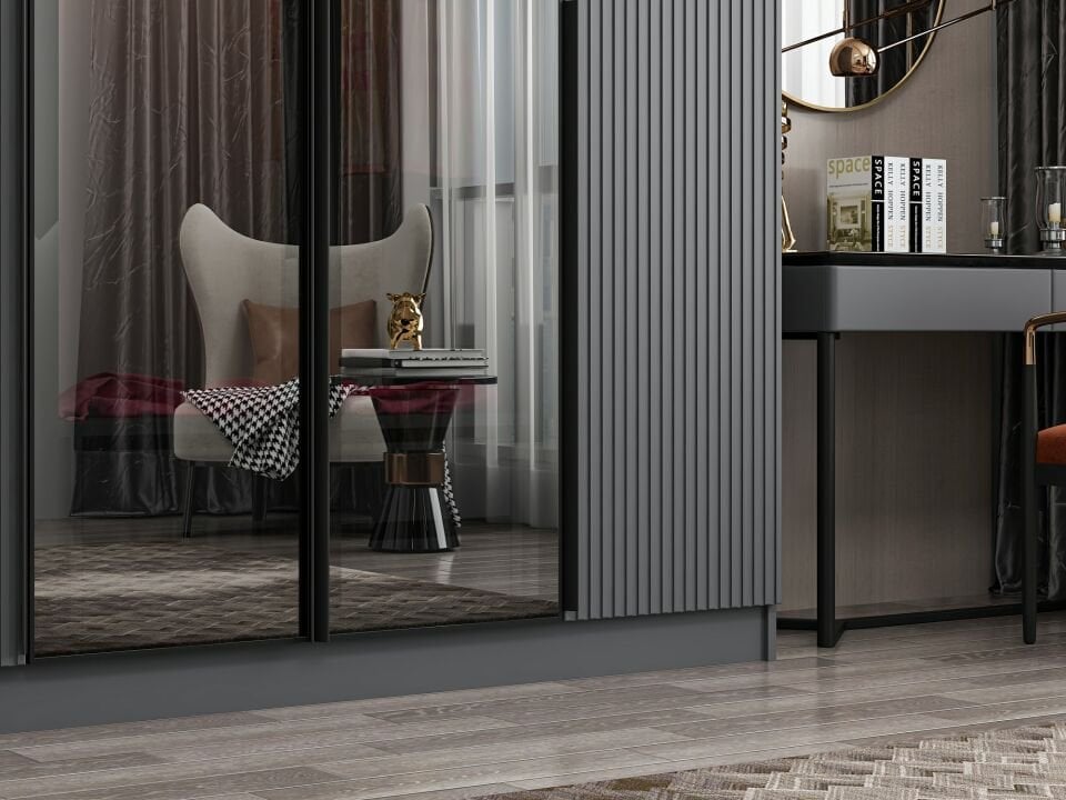 Nisa Plus 6 Kapaklı 2 Çekmece Dolap Antrasit Mebran Reflekte Cam