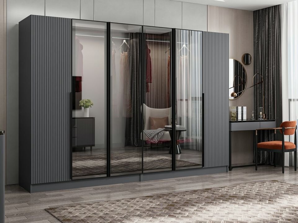 Nisa Plus 6 Kapaklı 4 Çekmece Dolap Antrasit Mebran Reflekte Cam