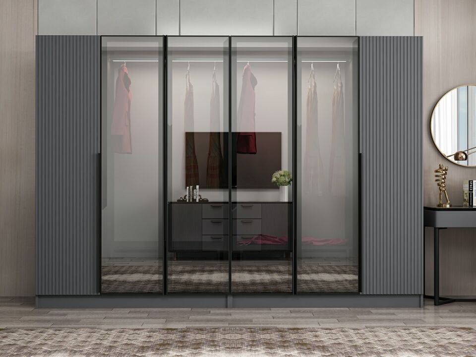 Nisa Plus 6 Kapaklı 4 Çekmece Dolap Antrasit Mebran Reflekte Cam