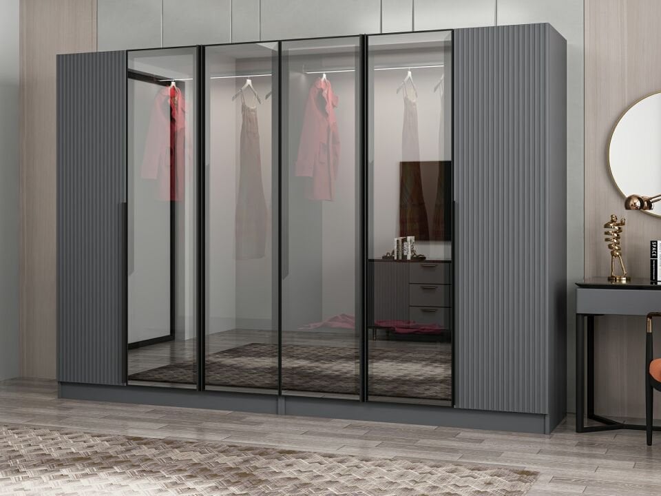 Nisa Plus 6 Kapaklı 4 Çekmece Dolap Antrasit Mebran Reflekte Cam