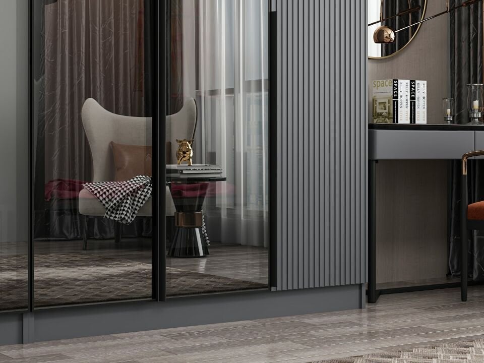 Nisa Plus 6 Kapaklı 4 Çekmece Dolap Antrasit Mebran Reflekte Cam