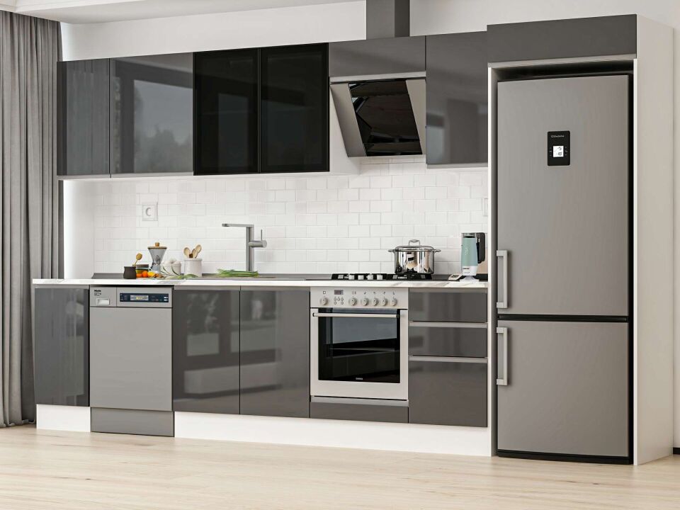 Alvinka 375X222 Cm High Gloss Mutfak Dolabı Mb-E90S40S45-3 High Gloss | Antrasit - Suntalam