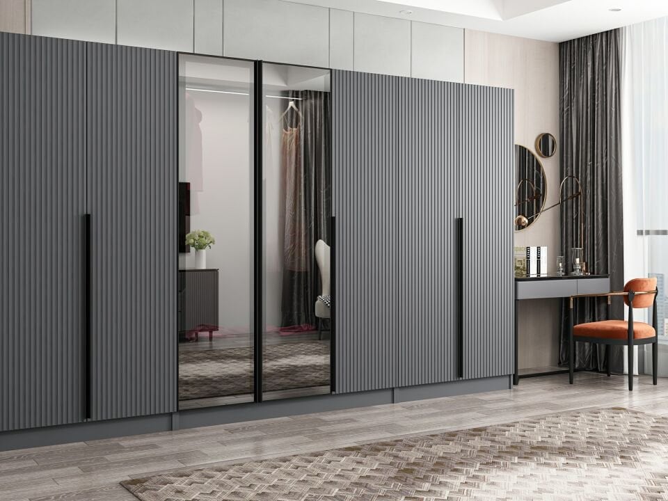 Nisa Plus 7 Kapaklı 2 Çekmece Dolap Antrasit Mebran Reflekte Cam