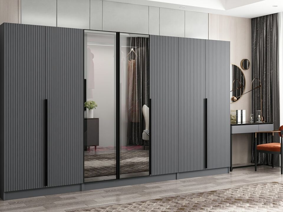 Nisa Plus 7 Kapaklı 2 Çekmece Dolap Antrasit Mebran Reflekte Cam