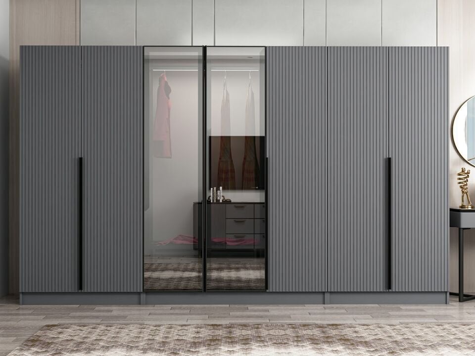 Nisa Plus 7 Kapaklı 2 Çekmece Dolap Antrasit Mebran Reflekte Cam