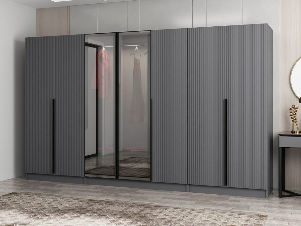 Nisa Plus 7 Kapaklı 2 Çekmece Dolap Antrasit Mebran Reflekte Cam