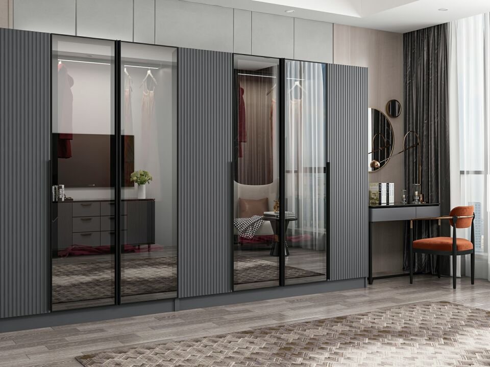 Nisa Plus 7 Kapaklı 4 Çekmece Dolap Antrasit Mebran Reflekte Cam