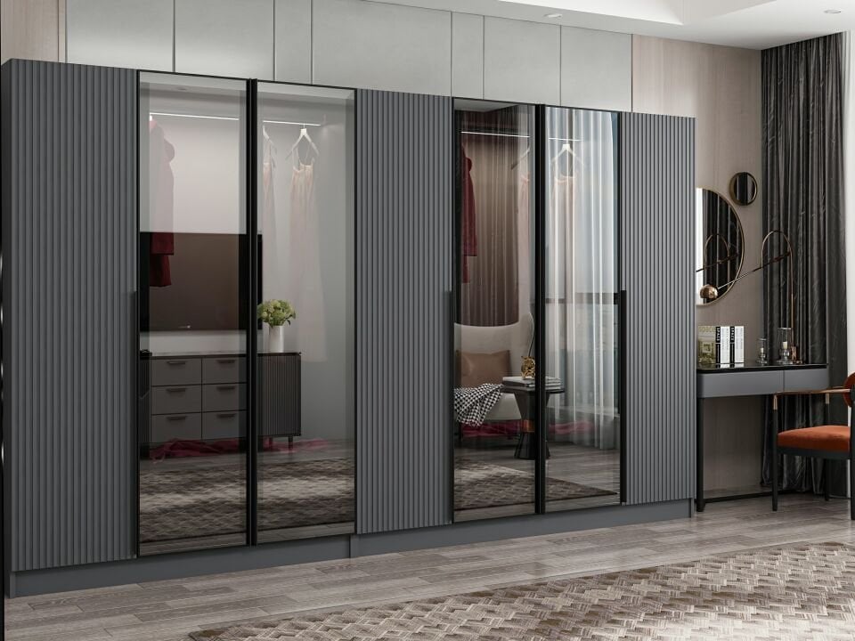 Nisa Plus 7 Kapaklı 4 Çekmece Dolap Antrasit Mebran Reflekte Cam