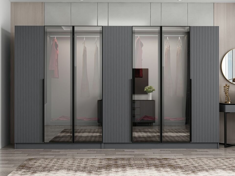 Nisa Plus 7 Kapaklı 4 Çekmece Dolap Antrasit Mebran Reflekte Cam