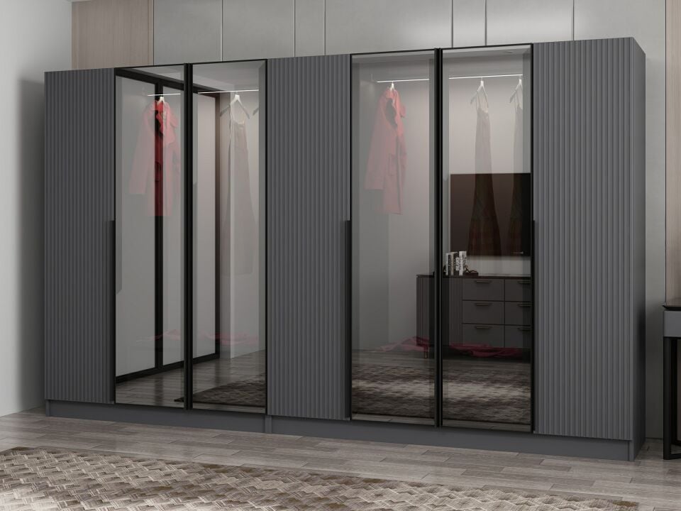 Nisa Plus 7 Kapaklı 4 Çekmece Dolap Antrasit Mebran Reflekte Cam