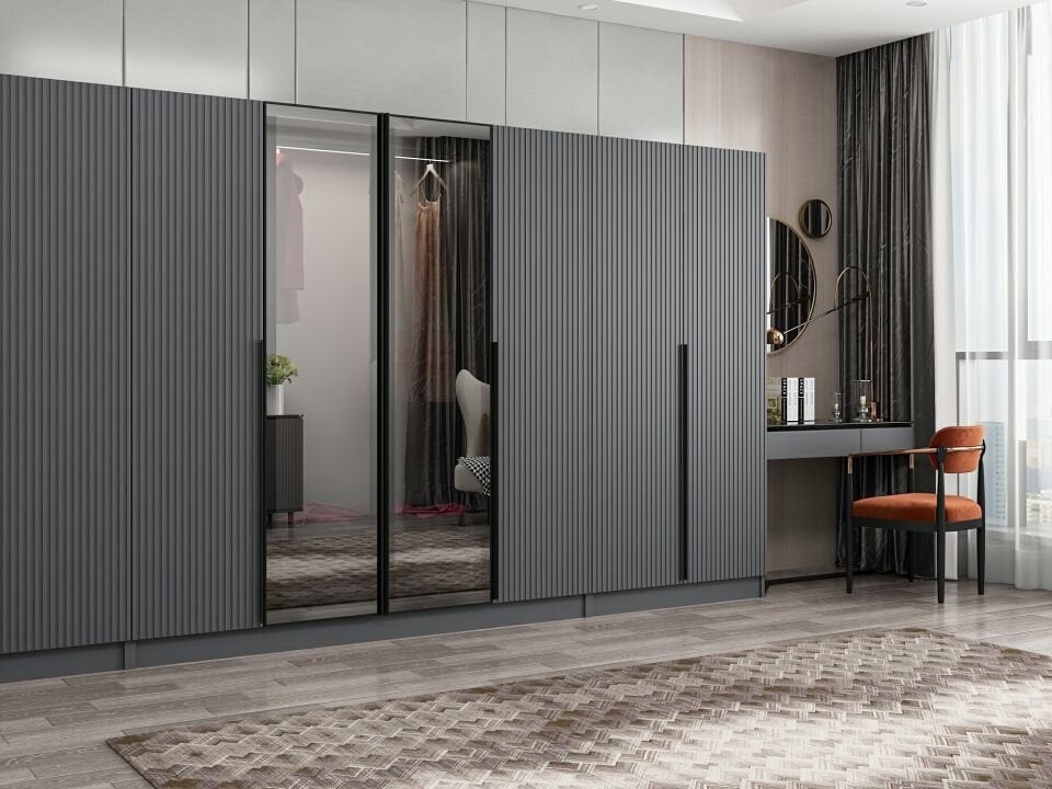 Nisa Plus 8 Kapaklı 2 Çekmece Dolap Antrasit Mebran Reflekte Cam