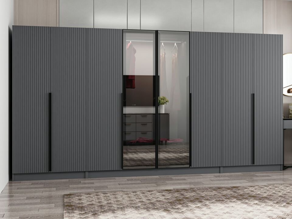 Nisa Plus 8 Kapaklı 2 Çekmece Dolap Antrasit Mebran Reflekte Cam