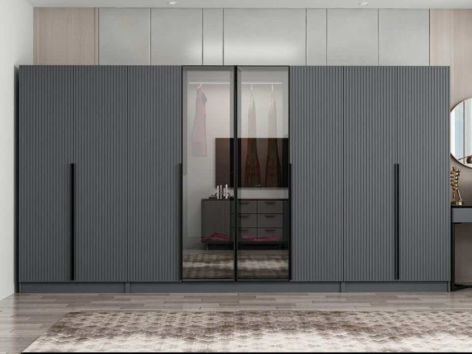 Nisa Plus 8 Kapaklı 2 Çekmece Dolap Antrasit Mebran Reflekte Cam