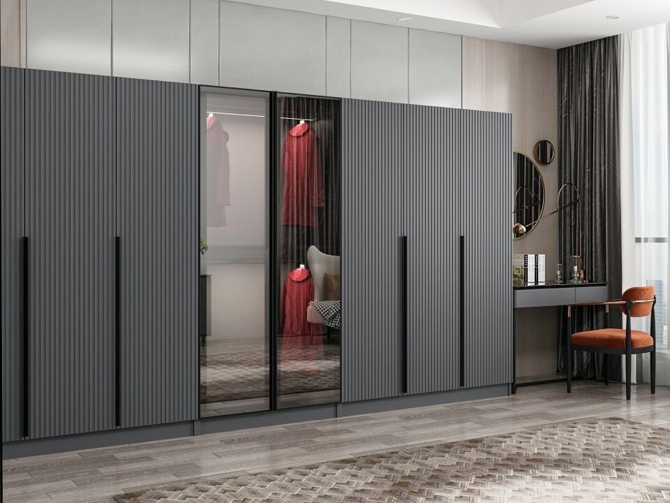 Nisa Plus 8 Kapaklı 4 Çekmece Dolap Antrasit Mebran Reflekte Cam